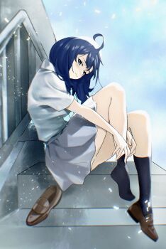 1girl absurdres adjusting_sock ahoge blue_eyes blue_hair blue_socks brown_shoes closed_mouth collared_shirt full_body green_skirt highres itsvicio knees_up ladder loafers looking_at_viewer make_heroine_ga_oo_sugiru! medium_hair on_ladder pleated_skirt school_uniform shirt shoes sitting skirt socks solo unworn_shoes white_shirt yanami_anna