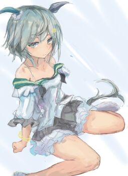 1girl animal_ears bare_shoulders blue_eyes blush breasts closed_mouth commentary_request dress ear_covers flower green_sailor_collar grey_hair hair_between_eyes hair_flower hair_ornament hairclip horse_ears horse_girl horse_tail long_sleeves looking_at_viewer off-shoulder_dress off_shoulder sailor_collar seiun_sky_(reeling_in_the_big_one)_(umamusume) seiun_sky_(umamusume) short_hair single_ear_cover small_breasts smile solo sunflower sunflower_hair_ornament tail umamusume white_dress yanagi_wakana