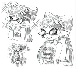 Rule 34 | 1girl, artist name, bare shoulders, bow-shaped hair, callie (splatoon), chibi, chibi inset, commentary, cropped torso, detached collar, dress, earrings, english commentary, eyelashes, food, food on head, heart, hoop earrings, jewelry, long hair, loving aura, mole, mole under eye, multiple views, nintendo, notice lines, object on head, ribonhaato, short eyebrows, simple background, smile, sparkle, splatoon (series), splatoon 3, star-shaped pupils, star (symbol), strapless, strapless dress, sushi, symbol-shaped pupils, thick eyebrows, twintails, twitter username, white background