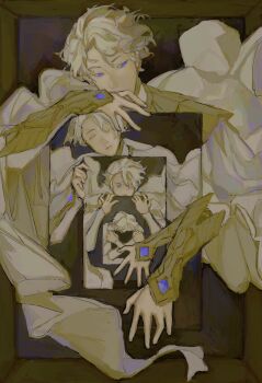 1boy blue_eyes cape chapter_85_cover_(tongari_boushi_no_atelier) chart hands_up highres nice_(to_be_hero_x) pants serious shirt sitting superhero_costume to_be_hero to_be_hero_x white_cape white_hair white_pants white_shirt