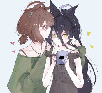 Rule 34 | 2girls, agnes tachyon (umamusume), ahoge, black hair, black hairband, blush, bra strap, brown dress, brown hair, chemical structure, closed mouth, commentary, cup, dailytachycafe, dress, ear ornament, earrings, english commentary, green shirt, grey hair, hair between eyes, hairband, heart, highres, holding, holding cup, jewelry, long hair, long hair between eyes, manhattan cafe (umamusume), mug, multicolored hair, multiple girls, off-shoulder dress, off-shoulder shirt, off shoulder, ponytail, red eyes, shirt, short hair, short ponytail, simple background, single earring, smile, umamusume, very long hair, white background, yellow eyes, yuri