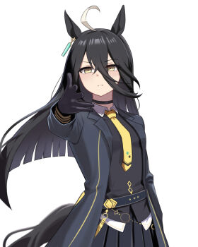Rule 34 | 1girl, ahoge, animal ears, belt, black belt, black choker, black coat, black gloves, black hair, black skirt, black vest, blunt ends, choker, closed mouth, coat, collared shirt, ear ornament, ear tag, earrings, frown, gloves, hair between eyes, hand up, hem peeking out, highres, horse ears, horse girl, horse tail, jewelry, kanghak, long hair, long hair between eyes, long sleeves, looking at viewer, manhattan cafe (creeping shadow) (umamusume), manhattan cafe (umamusume), meme, multicolored hair, necktie, open clothes, open coat, pleated skirt, shirt, simple background, single earring, skirt, solo, tail, umamusume, variant set, very long hair, vest, white background, white hair, white shirt, woe plague be upon ye (meme), yellow eyes, yellow necktie