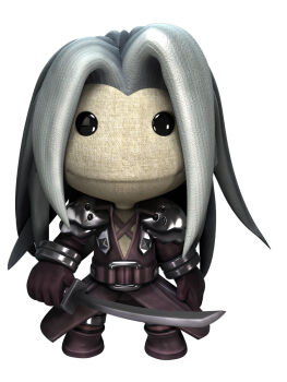 1990s_(style) 1boy 3d cosplay expressionless final_fantasy final_fantasy_vii full_body highres littlebigplanet long_hair looking_at_viewer male_focus official_art retro_artstyle sackboy sephiroth sephiroth_(cosplay) silver_hair simple_background solo standing sword weapon white_background