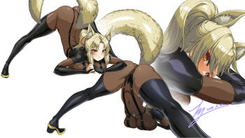 Rule 34 | 1girl, absurdres, animal ear fluff, animal ears, arched back, arm rest, ass, black bodysuit, black footwear, black gloves, blonde hair, bodystocking, bodysuit, boots, breasts, commission, dark persona, dog days, elbow gloves, fingerless gloves, flexible, fox ears, fox girl, fox tail, gloves, hair ribbon, hands on ground, highres, jack-o' challenge, large breasts, meme, parted bangs, pixiv commission, ponytail, rantia, red ribbon, ribbon, skin tight, spread legs, stretching, tail, thigh boots, top-down bottom-up, wide spread legs