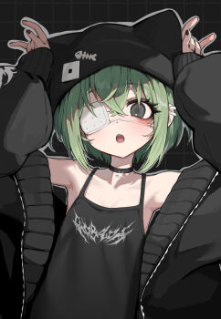 1girl absurdres animal_hat arms_up beanie black_background black_camisole black_choker black_hat black_jacket black_nails camisole cat_hat chocpocalypse choker ear_piercing eyepatch fish_hair_ornament gesture_request green_hair grey_eyes hair_between_eyes hair_ornament hat highres jacket looking_at_viewer open_clothes open_jacket open_mouth original outline piercing roblox short_hair sidelocks solo upper_body white_outline