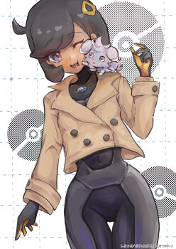 1girl absurdres ahoge black_bodysuit black_hair bodysuit bodysuit_under_clothes brown_jacket cheek_poking covered_navel curvy dark-skinned_female dark_skin emma_(pokemon) espurr gen_6_pokemon hair_ornament highres jacket latex latex_bodysuit looking_at_another looking_at_viewer mega_stone nintendo on_shoulder one_eye_closed open_mouth pokemon pokemon_(creature) pokemon_legends:_z-a pokemon_on_shoulder poking purple_eyes shiny_clothes shirotsuru short_hair side_ahoge smile turtleneck turtleneck_bodysuit wide_hips