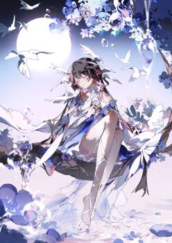 1girl bare_shoulders barefoot bird black_hair branch closed_eyes closed_mouth columbina_(genshin_impact) dress eye_mask feathered_wings flower full_moon genshin_impact hair_ornament head_wings highres in_tree long_hair mask moon multicolored_hair multiple_wings night purple_hair see-through_clothes see-through_mask sitting sitting_in_tree smile solo streaked_hair tree two-tone_hair very_long_hair water white_bird white_dress white_mask white_wings wing_hair_ornament wings wrist_bow x-shaped_eyewear yeurei