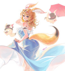 Rule 34 | 1girl, absurdres, alternate costume, animal ear fluff, animal ears, antenna hair, ass, bare shoulders, blonde hair, blue dress, clothing cutout, dress, fox ears, fox girl, fox tail, grin, highres, hololive, long hair, looking back, multicolored hair, multicolored nails, omaru polka, purple eyes, simple background, smile, solo focus, streaked hair, sundress, tail, tail through clothes, virtual youtuber, white background, wuest, zain (omaru polka)