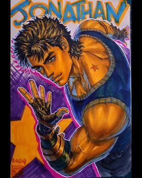 Rule 34 | 1boy, 2024, birthmark, black gloves, black hair, blue tank top, character name, commentary, english commentary, fingerless gloves, gloves, highres, joestar birthmark, jojo no kimyou na bouken, jojo pose, jonathan joestar, jonathan joestar's pose, looking at viewer, male focus, marker (medium), maya panda, messy hair, muscular, muscular male, phantom blood, signature, solo, star (symbol), tank top, traditional media