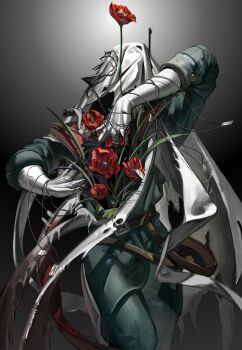 Rule 34 | 1boy, absurdres, arm up, belt, blue coat, brown belt, charon (reverse:1999), coat, commentary request, covered face, cowboy shot, dog tags, flower, gloves, grey background, hands up, highres, holding dog tags, male focus, poppy (flower), red flower, reverse:1999, siver, solo, veil, white gloves, white veil