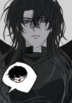 Rule 34 | 1girl, absurdres, aegyo sal, anger vein, auauko123, belt collar, black coat, black eyes, black hair, black shirt, chibi, chibi inset, chinese commentary, coat, collar, commentary request, genderswap, genderswap (mtf), hair between eyes, hair over shoulder, highres, kim dokja, long hair, official alternate costume, omniscient reader's viewpoint, open clothes, open coat, popped collar, serious, shirt, spoken character, upper body, yoo joonghyuk