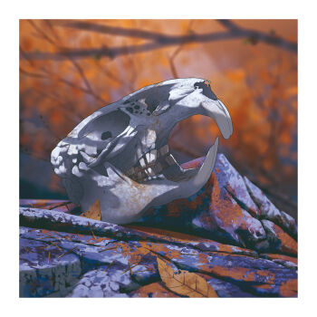 absurdres autumn autumn_leaves bone border branch close-up commentary english_commentary highres leaf lorenzo_lanfranconi no_humans original painterly rock scenery shadow skull teeth white_border