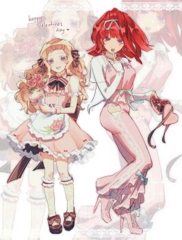 Rule 34 | 2girls, absurdres, apron, babykatafan, back ribbon, bell-bottoms, black shoes, blue ribbon, bouquet, bow, bow legwear, bowtie, box, breasts, brown bow, brown bowtie, brown ribbon, chocolate, clothing cutout, commentary, dress, earrings, english commentary, facial mark, flower, food, footwear bow, full body, gnosia, grey eyes, hair ribbon, heart, heart-shaped box, heart cutout, heart earrings, heart facial mark, high heels, high ponytail, highres, holding, holding bouquet, holding box, holding chocolate, holding food, jewelry, kneehighs, kukrushka (gnosia), lace, lace socks, large breasts, layered shirt, long hair, looking at viewer, mark under eye, multiple girls, necklace, open mouth, pants, pink dress, pink flower, pink pants, pink shirt, pink shoes, ponytail, red eyes, red hair, ribbon, shirt, shoes, short bangs, side cutout, sidelocks, small breasts, smile, socks, sq (gnosia), standing, standing on one leg, waist apron, wavy hair, white apron, white shirt, zoom layer