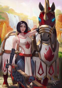 Rule 34 | 1girl, autumn leaves, barding, bare shoulders, black leggings, breasts, cobblestone, cuisses, day, face piercing, feet out of frame, glowing, glowing eyes, highres, holding, holding sword, holding weapon, horse, leaf, leggings, looking at viewer, medium breasts, medium hair, nixri, nose piercing, outdoors, pelvic curtain, piercing, signature, skull, sword, warcraft, water, waterfall, weapon