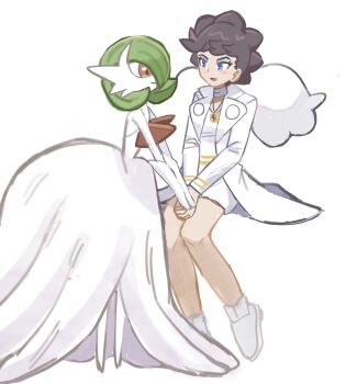 1girl :d blue_eyes brown_hair choker coat diantha_(pokemon) eyelashes eyeliner gardevoir gen_3_pokemon han0579 highres holding_hands long_sleeves looking_at_another makeup mega_gardevoir mega_pokemon nintendo open_clothes open_coat open_mouth pokemon pokemon_(creature) pokemon_xy red_eyes short_hair smile white_background white_choker white_coat