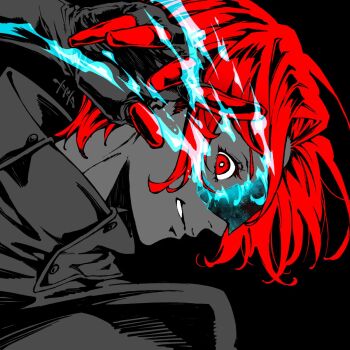 1boy arm_up black_background burnt_clothes clenched_teeth collared_jacket commentary curtained_hair dutch_angle english_commentary eyelashes gloves highres jacket kamishiro_nagisa limited_palette looking_at_viewer male_focus persona persona_5 persona_5:_the_phantom_x popped_collar red_eyes red_hair saitou_rokuro short_hair signature simple_background solo teeth upper_body wonder_(p5x)