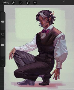 1boy adventure_time art_program_in_frame black_hair black_vest bow bowtie closed_eyes coeurdeluciole collared_shirt facing_viewer full_body glasses grin hand_on_own_knee highres male_focus screencap shirt short_hair sideburns simon_petrikov single_hair_streak smile solo squatting vest white_shirt white_streaks