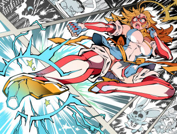 blonde_hair blue_eyes breasts chibi comic_page covered_navel crescent_moon earrings eye_mask fingerless_gloves foreshortening gloves hand_up high_heels incoming_kick jewelry kafun kamen_america kamen_america_(comic) large_breasts long_hair mask moon open_mouth rabbit star_(symbol) star_earrings superhero_costume teeth upper_teeth_only