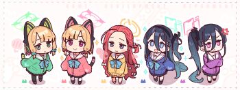 Rule 34 | 5girls, :<, :d, absurdly long hair, anger vein, animal ear headphones, animal ears, aris (blue archive), black hair, black pantyhose, black shoes, black skirt, blonde hair, blue archive, blue bow, blue bowtie, blue cardigan, blue eyes, blunt bangs, blush, blush stickers, bow, bowtie, cardigan, cat ear headphones, cat ears, chibi, chibi only, closed mouth, commentary request, crossed arms, dot nose, double-parted bangs, fake animal ears, forehead, full body, game development department (blue archive), green bow, green cardigan, green halo, hair between eyes, hair bow, halo, headphones, highres, jaggy lines, kei (blue archive), long hair, long hair between eyes, long sleeves, looking at viewer, mechanical tail, midori (blue archive), momoi (blue archive), multiple girls, multiple hair bows, one side up, open mouth, pantyhose, pink cardigan, pink eyes, pink halo, purple cardigan, purple eyes, purple halo, rectangular halo, red hair, sailor collar, school uniform, serafuku, shoes, short hair, side ponytail, simple background, skirt, sleeves past fingers, sleeves past wrists, smile, sparkle, standing, tail, v-shaped eyebrows, very long hair, wavy mouth, white background, white bow, white sailor collar, white shoes, yellow cardigan, yellow halo, yoru nai, yuzu (blue archive)