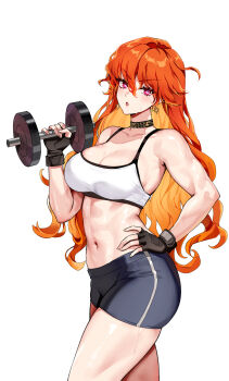 1girl alternate_costume augusta_(wuthering_waves) bare_shoulders black_choker black_gloves black_shorts bottle breasts choker cleavage collarbone colored_inner_hair commentary dumbbell earrings exercising fingerless_gloves foxyreine gloves hair_between_eyes hand_on_own_hip highres holding holding_dumbbell jewelry long_hair looking_at_viewer medium_breasts multicolored_hair navel open_mouth orange_hair red_eyes shorts signature simple_background solo sports_bra stomach sun_earrings sweat textless_version thighs toned toned_female water_bottle watermark web_address weightlifting white_sports_bra wuthering_waves
