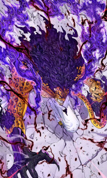 1boy absurdres angry animal_ears black_hair claws clenched_teeth commentary_request crack cracked_floor devil_fruit_power fighting haki_(one_piece) highres leopard leopard_boy leopard_ears leopard_tail long_hair male_focus one_piece rob_lucci satomaru31000 sharp_teeth solo tail teeth