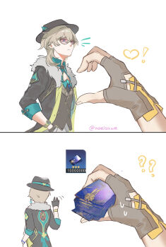 2boys ? ?? absurdres aventurine_(honkai:_star_rail) black_gloves blonde_hair caelus_(honkai:_star_rail) fedora fingerless_gloves gloves hat heart_hands_failure highres holding holding_money honkai:_star_rail honkai_(series) male_focus money multiple_boys narisawr pov pov_hands sunglasses trailblazer_(honkai:_star_rail) twitter_username watch white_background wristwatch