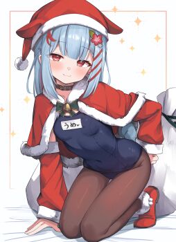 1girl animal_ears animal_hat blue_hair blue_one-piece_swimsuit breasts brown_pantyhose capelet christmas closed_mouth commentary_request covered_navel detached_sleeves fake_animal_ears fur-trimmed_capelet fur-trimmed_sleeves fur_trim hat highres komai_ume long_sleeves multicolored_hair old_school_swimsuit one-piece_swimsuit pantyhose red_capelet red_eyes red_hair red_hat red_shoes red_sleeves sack santa_costume santa_hat school_swimsuit shoes small_breasts smile solo sparkle streaked_hair swimsuit swimsuit_under_clothes varium virtual_youtuber white_background yoshiheihe