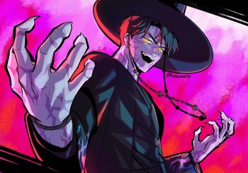 1boy artist_name black_hair black_hat black_jacket body_markings cloumello commentary english_commentary fingernails hands_up hat highres jacket jinu_(kpop_demon_hunters) kpop_demon_hunters looking_at_viewer male_focus parted_bangs pink_background sharp_fingernails short_hair smile solo upper_body yellow_eyes