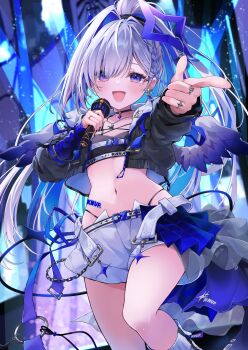 1girl :d absurdres amane_kanata amane_kanata_(lock_on) aoha_(aohasora) arm_warmers black_choker black_jacket black_sports_bra blue_arm_warmers blue_hair blue_wings blurry blurry_background braid choker colored_inner_hair commentary_request cowboy_shot cropped_jacket earrings feathered_wings flat_chest gradient_wings grey_hair halo highleg highleg_panties highres holding holding_microphone hololive jacket jewelry long_hair long_sleeves looking_at_viewer microphone mini_wings multicolored_hair multicolored_wings multiple_rings navel o-ring o-ring_choker official_alternate_costume official_alternate_hairstyle open_mouth outstretched_arm panties panty_straps pendant_choker pointing pointing_at_viewer ponytail purple_eyes ring short_shorts shorts side_braid single_arm_warmer single_hair_intake smile solo sports_bra star_halo sticker_on_stomach stomach straight-on tilted_halo underwear very_long_hair virtual_graduation_commemoration virtual_youtuber white_shorts wings