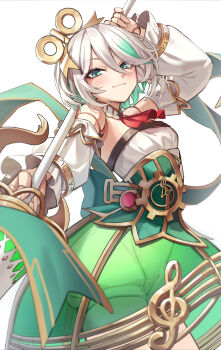 Rule 34 | 1girl, ahoge, armor, armpits, ascot, back bow, blonde hair, blue eyes, blush, bow, bowtie, braid, breasts, cecilia immergreen, cecilia immergreen (1st costume), cleavage, colored inner hair, commentary, corset, cowboy shot, detached collar, doll, doll joints, double-parted bangs, dress, frills, gloves, green corset, green hair, green skirt, grey hair, highres, holding, holding polearm, holding weapon, hololive, hololive english, jewelry, joints, lance, long hair, long sleeves, multicolored hair, polearm, puffy shorts, red ascot, ribbon, romper, see-through clothes, see-through skirt, shirt, short shorts, shorts, side braid, single braid, skirt, sleeveless, sleeveless shirt, small breasts, smile, standing, strapless, strapless romper, strapless shirt, sword, twintails, very long hair, virtual youtuber, weapon, white hair, white romper, white shirt, white shorts, white sleeves, winding key, wszkii