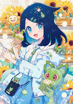 1girl absurdres black_hair blue_eyes blue_skirt blush cherubi closed_eyes eyelashes flower frills gen_2_pokemon gen_4_pokemon hair_ornament hairclip haru_(haruxxe) highres holding hoppip jacket liko_(pokemon) nintendo open_clothes open_mouth pokemon pokemon_(anime) pokemon_(creature) pokemon_horizons red_eyes shirt short_hair skirt smile smoliv sprigatito sunflora sunflower sunkern white_shirt yellow_flower