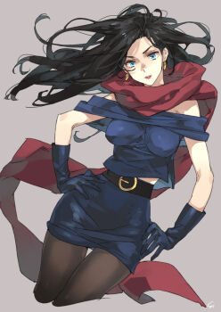 1girl battle_tendency black_hair blue_eyes blue_gloves blue_skirt breasts earrings female_focus gloves hands_on_own_hips impossible_clothes impossible_shirt jewelry jojo_no_kimyou_na_bouken lipstick lisa_lisa makeup medium_breasts off_shoulder pantyhose red_lips red_scarf scarf shirt signature skirt solo toujou_sakana
