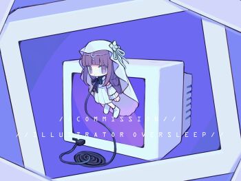 1girl blue_background blunt_bangs bow chibi chibi_only computer dress full_body hair_between_eyes hair_ornament hair_ribbon highres long_hair long_sleeves mini_person minigirl neck_ribbon original oversleep purple_eyes purple_hair ribbon socks veil white_dress white_veil