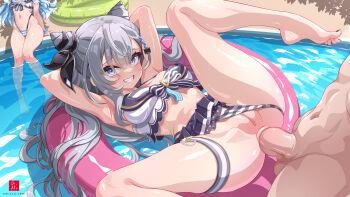 1boy 2girls anal armpits artist_logo artist_name barefoot bikini bikini_bottom_aside blue_bikini blue_eyes blue_hair blush braid breasts cleavage clothing_aside commentary cone_hair_bun double_bun dr-alu english_commentary feet grey_hair hair_bun hair_ornament hetero high-waist_bikini highleg highleg_bikini highres hololive hololive_indonesia hololive_summer_2023_swimsuit kobo_kanaeru logo long_hair looking_at_viewer medium_breasts multicolored_bikini multicolored_hair multiple_girls nail_polish official_alternate_costume penis pool pussy ribbon sex smile soaking_feet solo_focus swimsuit testicles toenail_polish toenails toes two-tone_bikini two-tone_hair uncensored vestia_zeta virtual_youtuber water watermark web_address white_bikini white_hair