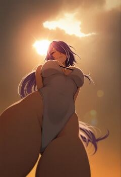 1girl acheron_(honkai:_star_rail) alternate_costume artificial_light breasts competition_swimsuit highres honkai_(series) large_breasts looking_down one-piece_swimsuit one_eye_covered perspective purple_eyes purple_hair smile swimsuit timmytommy