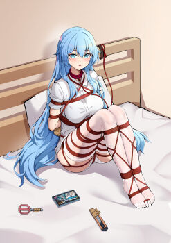 1girl absurdres aqua_eyes aqua_hair arms_behind_back ass bdsm bed bed_frame bed_sheet bedroom between_buttocks between_legs between_thighs blue_eyes blue_hair blush bondage bound bound_arms bound_legs bound_toes bound_torso boxcutter breasts clenched_hand collar collared_shirt commission duct_tape female_focus full_body hair_between_eyes highres knees_up large_breasts leash legs long_hair looking_at_viewer looking_to_the_side looking_up multicolored_hair on_bed open_mouth original panties parted_lips phone pillow pixiv_commission red_rope rope shibari shibari_over_clothes shirt short_sleeves sidelocks skin_tight skindentation solo t_zhonglang tape tape_bondage taped_hands thighhighs thighs toes tongue tribadism two-tone_hair underwear very_long_hair bed white_panties white_shirt white_thighhighs