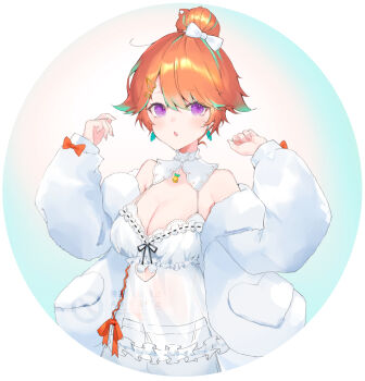 1girl babydoll breasts cleavage cococo_moru commentary fluffy_clothes frills green_hair hair_bun hololive hololive_english jacket large_breasts looking_at_viewer multicolored_hair official_alternate_costume official_alternate_hairstyle orange_hair purple_eyes solo symbol-only_commentary takanashi_kiara takanashi_kiara_(cozy) two-tone_hair virtual_youtuber white_babydoll