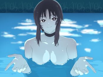 1girl absurdres ameh_li artist_name azumanga_daiou black_eyes black_hair breasts choker collarbone completely_nude highres i&#039;ll_teach_you_everything_(chainsaw_man) in_water kurosawa_minamo light_particles looking_at_viewer medium_breasts movie_reference night nude parody partially_submerged pool scene_reference short_hair short_hair_with_long_locks skinny_dipping solo water