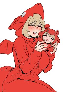 1girl 54kmlikeuniform :d ^_^ absurdres animal_costume animal_hood blonde_hair blush breasts character_doll chibi closed_eyes commentary cosplay doll dragon_costume dungeon_meshi falin_touden falin_touden_(tallman) fang fingernails hashtag-only_commentary highres holding holding_chibi hood hood_up kigurumi large_breasts long_sleeves open_mouth short_hair simple_background smile symbol-only_commentary teeth white_background