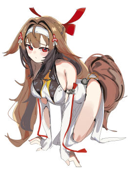 1girl :/ absurdres all_fours animal_ear_fluff animal_ears armlet bare_shoulders blush breasts brown_hair brown_tail china_dress chinese_clothes closed_mouth clover clover_hair_ornament commentary_request dress droopy_ears full_body hair_ornament hairband highres jewelry large_breasts long_hair looking_at_viewer massivedoontwei red_eyes silver_armlet simple_background solo tail very_long_hair white_background white_dress white_hairband ye_shunguang zenless_zone_zero