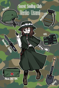 1girl absurdres adapted_costume amputee bandage_over_one_eye black_capelet black_hat black_skirt black_socks boots bow brown_boots brown_eyes brown_hair c4 camouflage_background capelet character_name closed_mouth combat_helmet commentary explosive first_aid_kit galm_x_lmr_(ryonasa) grenade hat hat_bow helmet highres knife long_skirt long_sleeves medium_hair radio_transceiver shirt shirt_tucked_in shovel skirt socks solo touhou usami_renko white_bow white_shirt