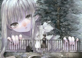 3girls black_dress black_hair commentary_request dress eyelashes fingernails giant giantess grey_eyes head_tilt highres looking_at_another monou_pico multiple_girls original pale_skin pink_nails railing short_hair tree white_dress white_hair