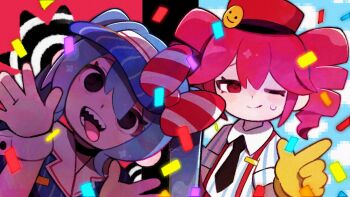 2girls black_eyes blue_hair collared_shirt commentary confetti crazy drill_hair gloves hatsune_miku highres kasane_teto mesmerizer_(vocaloid) multiple_girls one_eye_closed sharp_teeth shirt sweatdrop teeth tongue tongue_out visor_cap vocaloid yellow_gloves yknsugar