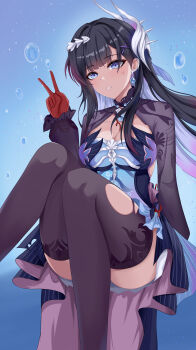 1girl absurdres black_thighhighs blue_dress blue_eyes blue_hair breasts bubble cleavage colored_inner_hair commentary_request dress gloves hair_ornament highres honkai:_star_rail honkai_(series) hysilens_(honkai:_star_rail) large_breasts multicolored_hair red_gloves s956448903 shrug_(clothing) solo thighhighs torn_clothes torn_thighhighs two-tone_hair underwater v