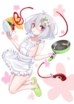 1girl absurdres antenna_hair apron blush breasts commentary_request elf flower food frying_pan full_body grey_hair hair_flower hair_ornament highres holding holding_frying_pan kokkoro_(princess_connect!) looking_at_viewer muromachi_atsushi naked_apron omelet omurice pink_eyes pointy_ears princess_connect! short_hair slippers small_breasts smile solo