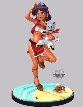 1girl bandeau blue_eyes bracelet breasts crab dark-skinned_female dark_skin earrings full_body fushigi_no_umi_no_nadia green_eyes hair_ornament hairclip jewelry king_(nadia) loincloth midriff nadia_la_arwall neck_ring necklace open_mouth pelvic_curtain purple_hair short_hair smile source_request strapless tube_top vest