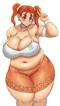 Rule 34 | 1girl, absurdres, arm up, bare shoulders, breasts, chocofl4n, choker, cleavage, dragon quest, dragon quest viii, earrings, female focus, highres, huge breasts, jessica albert, jewelry, long hair, looking at viewer, matching hair/eyes, navel, orange eyes, orange hair, plump, solo, thick thighs, thighs, twintails, v, wide hips
