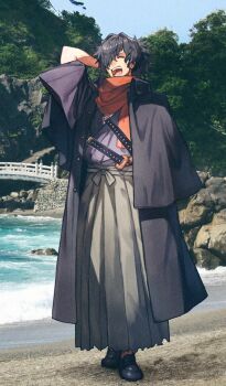1boy arm_behind_head beach black_coat black_hair black_shoes blue_sky bridge closed_eyes coat commentary day fate/grand_order fate_(series) green_hakama hair_over_one_eye hakama hakama_skirt japanese_clothes katana kimono lack long_coat male_focus medium_hair official_art okada_izou_(fate) one_eye_covered open_mouth orange_scarf outdoors photo_background ponytail purple_kimono sand scarf shoes skirt sky solo sunlight sword teeth third-party_source tree walking water weapon yawning