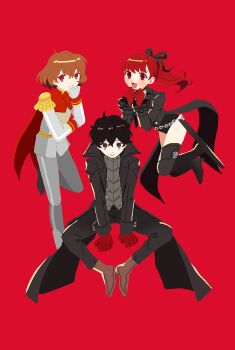 Rule 34 | 1girl, 2boys, :d, akechi gorou, amamiya ren, black boots, black coat, black eyes, black hair, black jacket, black leotard, black pants, black ribbon, boots, brown boots, brown hair, cape, choker, clenched hand, clenched hands, closed mouth, coat, crow (persona 5), epaulettes, frilled sleeves, frills, gloves, hair between eyes, hair ribbon, highres, invisible chair, jacket, joker (persona 5), jumping, leotard, long hair, long sleeves, looking at viewer, multiple boys, open mouth, pants, persona, persona 5, persona 5 the royal, ponytail, red background, red cape, red eyes, red gloves, red hair, ribbon, sheath, short hair, simple background, sitting, smile, standing, standing on one leg, thigh boots, violet (persona 5), white gloves, yomyompi, yoshizawa kasumi