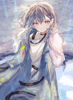 1girl absurdres bang_dream! bang_dream!_it&#039;s_mygo!!!!! blush brown_eyes closed_mouth commentary grey_hair hair_between_eyes hair_ornament highres latte_bf looking_at_viewer rain shirt short_hair solo takamatsu_tomori white_shirt x_hair_ornament